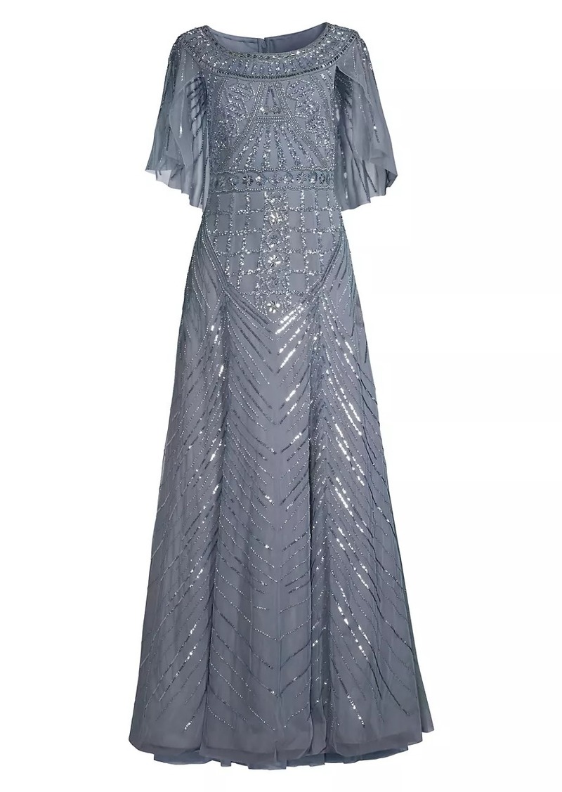 Aidan Mattox Beaded Cape A-Line Gown