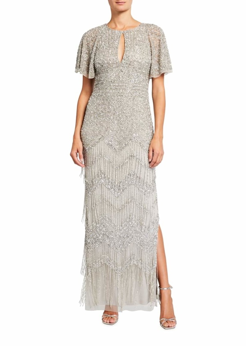 Beaded Fringe Keyhole Gown with Beaded Cape 51 Off