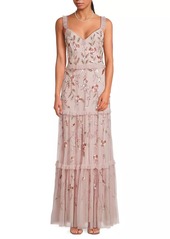 Aidan Mattox Beaded Mesh Tiered Maxi Dress