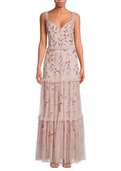 Aidan Mattox Beaded Mesh Tiered Maxi Dress