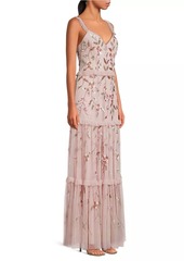 Aidan Mattox Beaded Mesh Tiered Maxi Dress