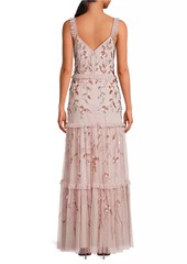 Aidan Mattox Beaded Mesh Tiered Maxi Dress