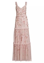 Aidan Mattox Beaded Mesh Tiered Maxi Dress