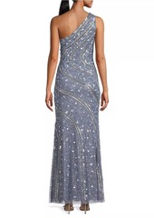 Aidan Mattox Beaded Sequin One-Shoulder Gown