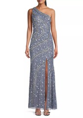 Aidan Mattox Beaded Sequin One-Shoulder Gown