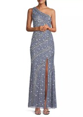 Aidan Mattox Beaded Sequin One-Shoulder Gown