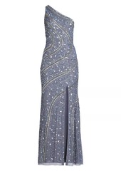 Aidan Mattox Beaded Sequin One-Shoulder Gown