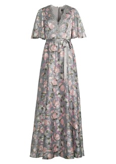 Aidan Mattox Belted Floral Satin & Lace Gown