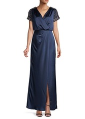 Aidan Mattox Embellished-Sleeve Wrap-Effect Gown