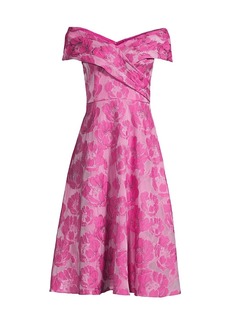 Aidan Mattox Floral Jacquard Off-The-Shoulder Midi-Dress