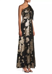 Aidan Mattox Floral Metallic One-Shoulder Gown