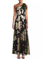 Aidan Mattox Floral Metallic One-Shoulder Gown