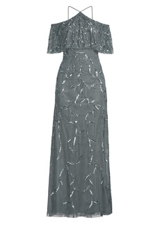Aidan Mattox Sequined & Beaded Cold-Shoulder Gown