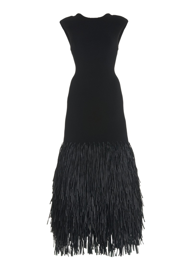 Aje - Exclusive Rushes Raffia-Trimmed Knit Midi Dress - Black - S - Moda Operandi