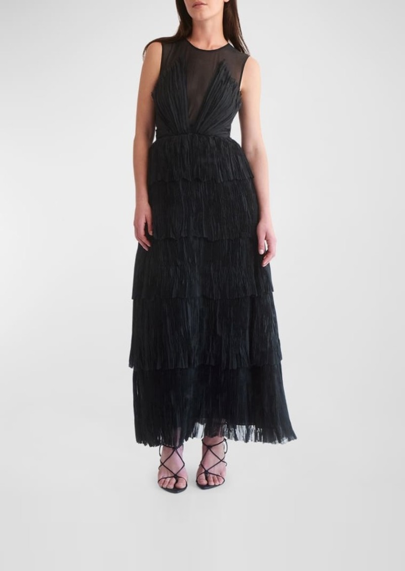 Aje Escapist Tiered Sleeveless Chiffon Illusion Maxi Dress