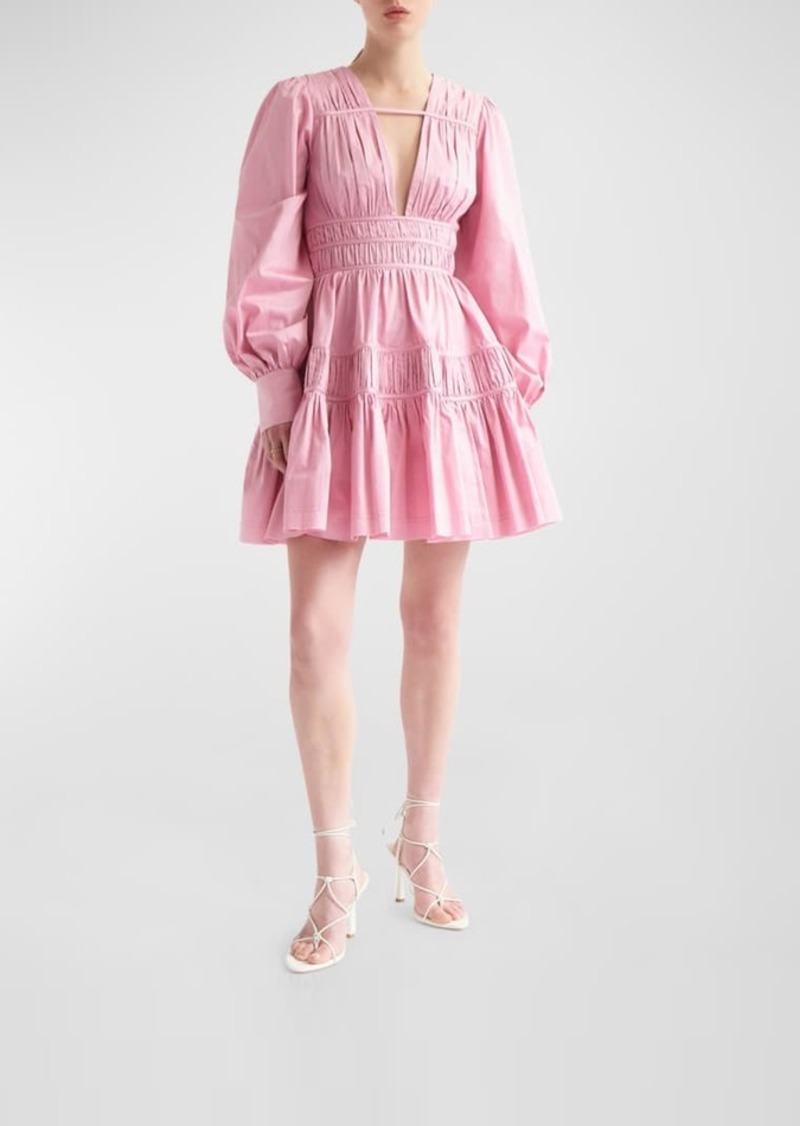 Aje Fallingwater Ruched Cotton Blouson-Sleeve Mini Dress