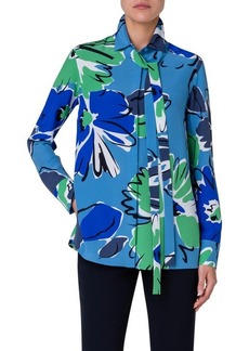 Akris Abraham Floral Print Silk Crepe Button-Up Shirt