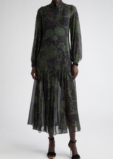Akris Abraham Print Long Sleeve Silk Georgette Gown