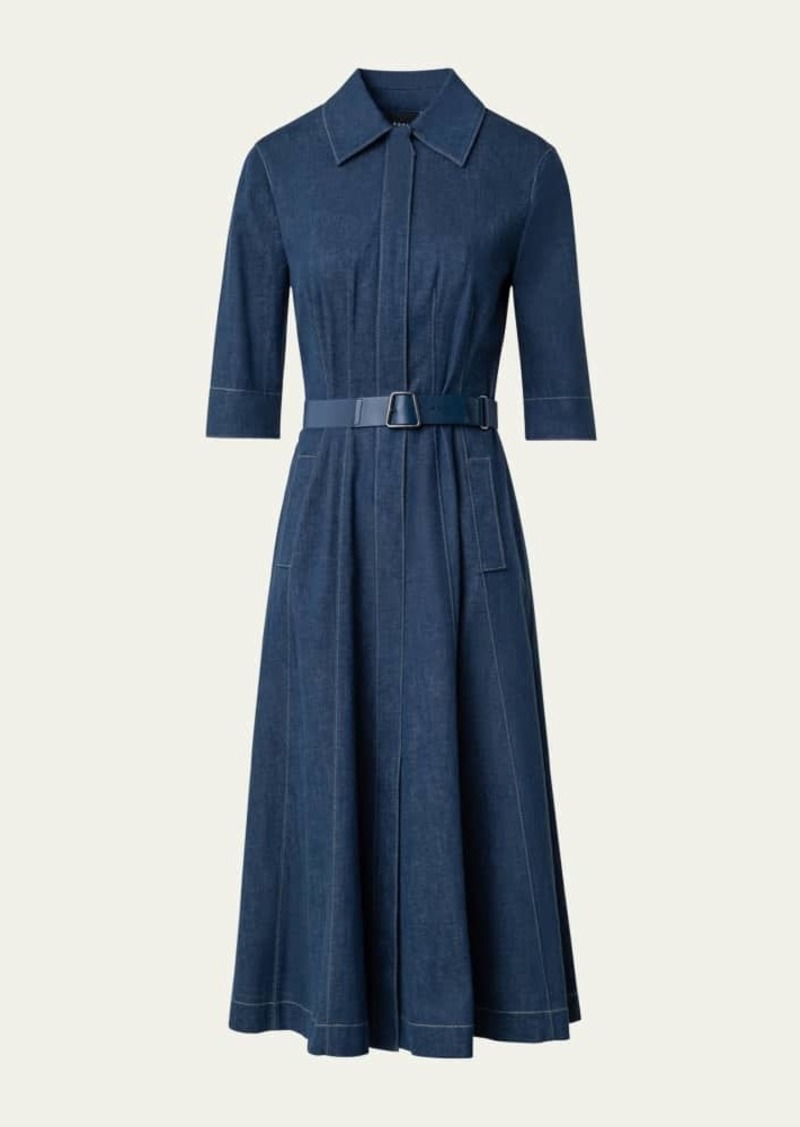 Akris Belted Cotton Denim Midi Dress with Contrast Stitching