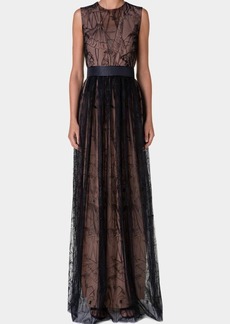 Akris Belted Tulle Gown with Croquis Embroidered Details