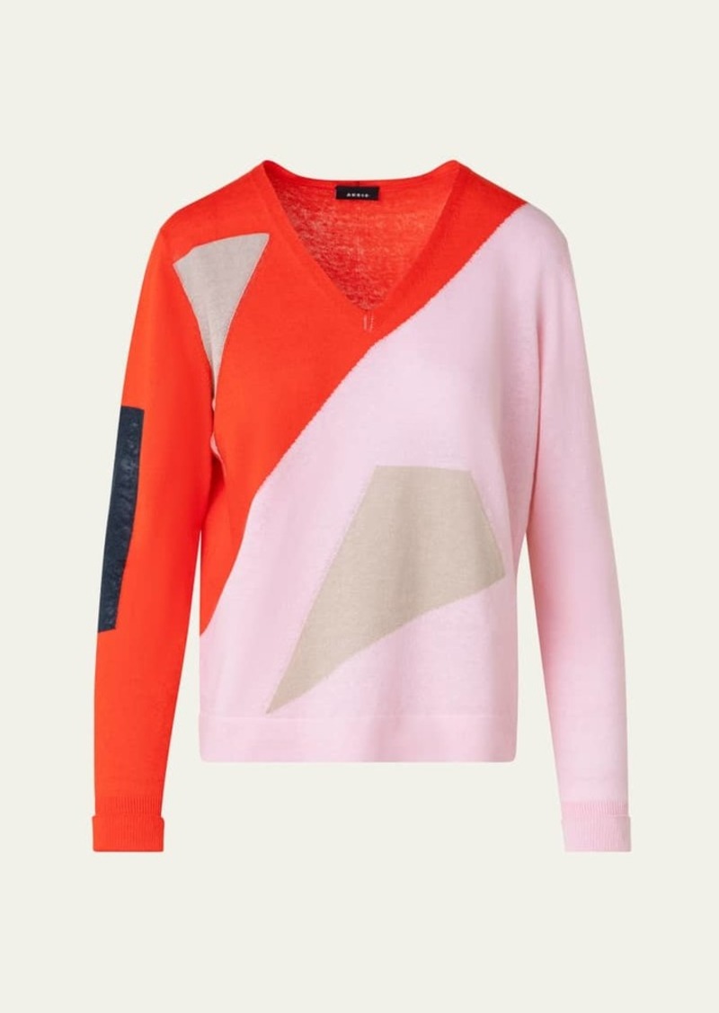 Akris Cotton and Linen Knit Sweater with Spectra Intarsia Details