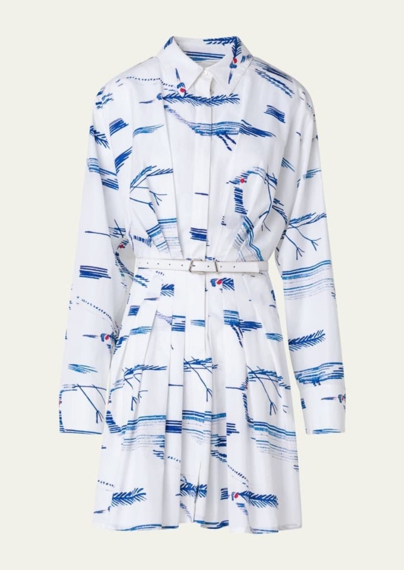 Akris Cotton Poplin Belted Shirtdress in Kasuri Birds Print