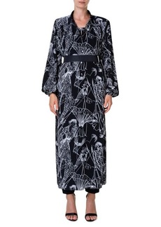 Akris Croquis Print Long Sleeve Silk Kaftan Dress