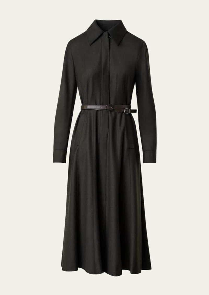 Akris Double Belted Stretch Wool Flannel Midi Dress