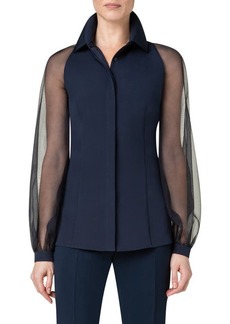 Akris Fitted Silk Stretch Crepe & Organza Blouse