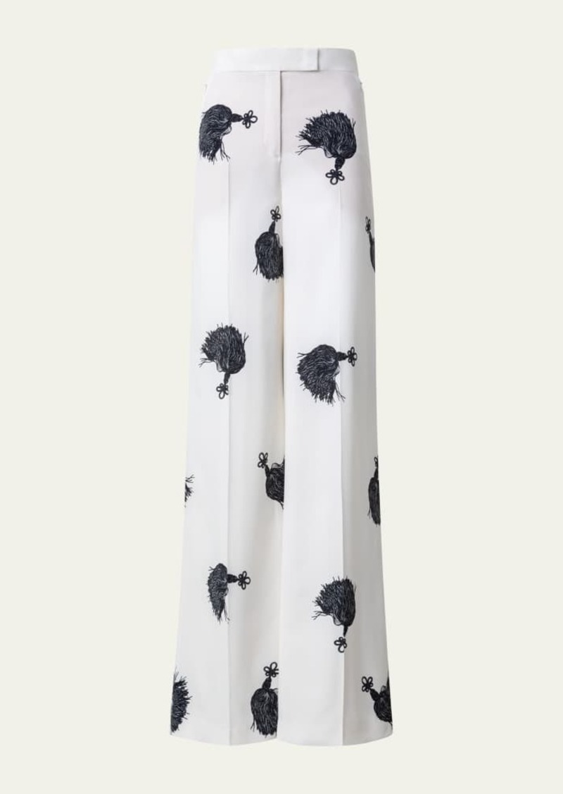 Akris Floretta Tassels Print Wide Leg Crepe Pants