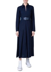 Akris Logo Belt Long Sleeve Wool Mousseline Dress