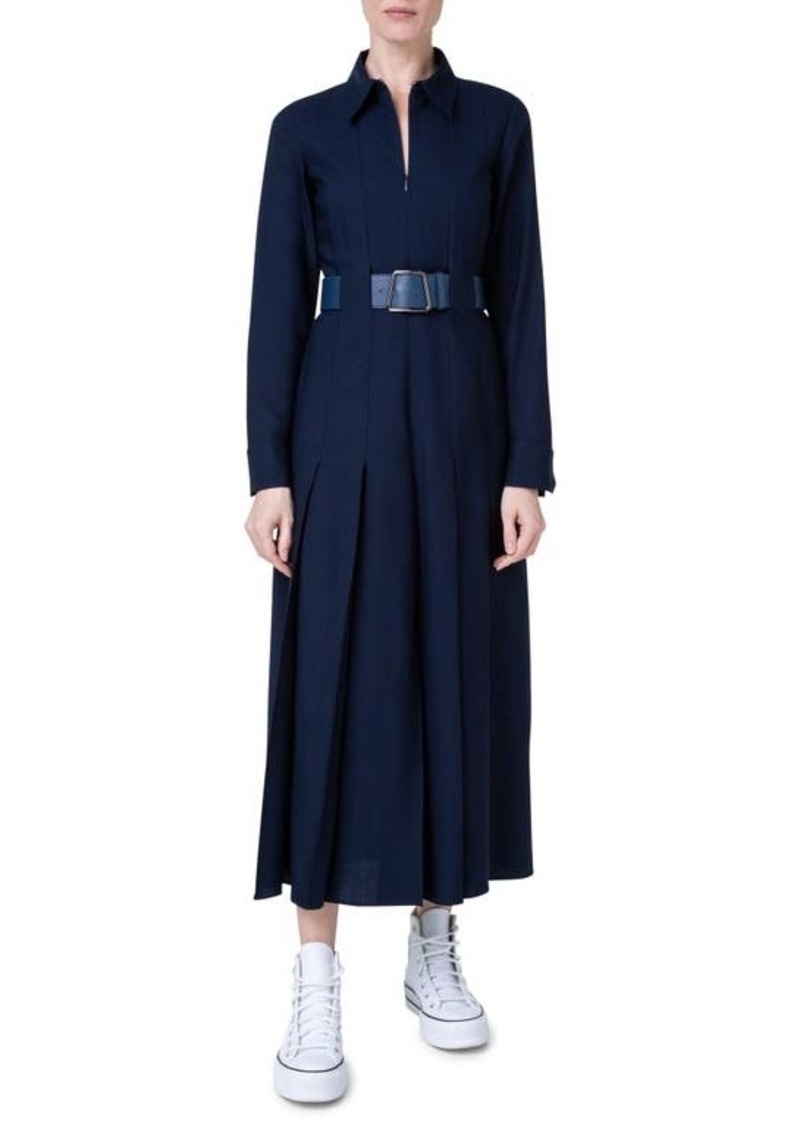 Akris Logo Belt Long Sleeve Wool Mousseline Dress