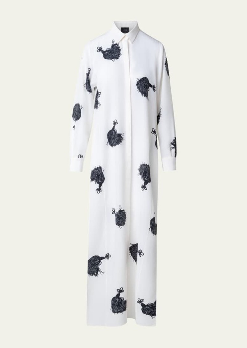 Akris Long Tassel Print Silk Crepe Shirt Dress