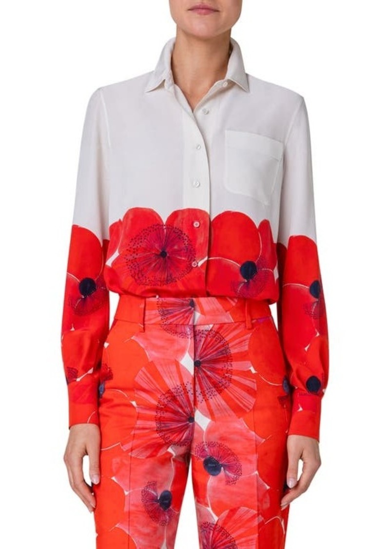 Akris Poppy Print Silk Button-Up Shirt