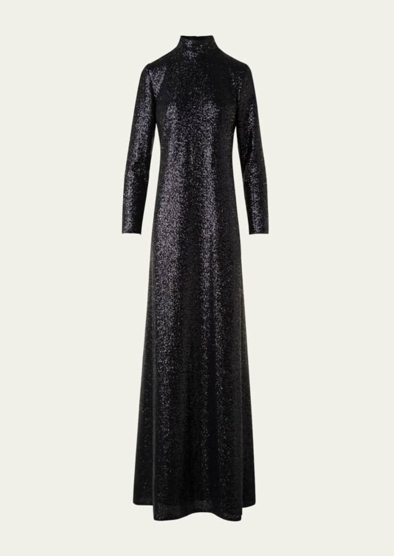 Akris Sequined Jersey High-Neck Long Sleeve Gown