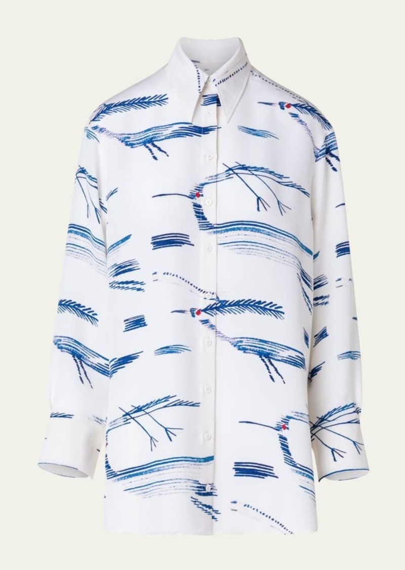 Akris Silk Kasuri Birds Printed Button-Front Blouse