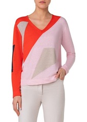 Akris Spectra Linen & Cotton Intarsia V-Neck Sweater