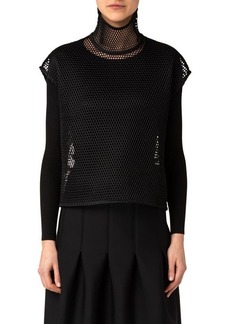 Akris Two-Piece Silk & Cotton Rib Sweater with Mesh Overlay Top