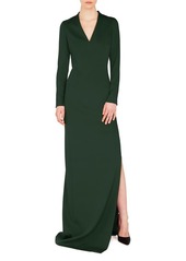 Akris V-Neck Long-Sleeve Side-Slit Silk Stretch-Crepe Evening Gown