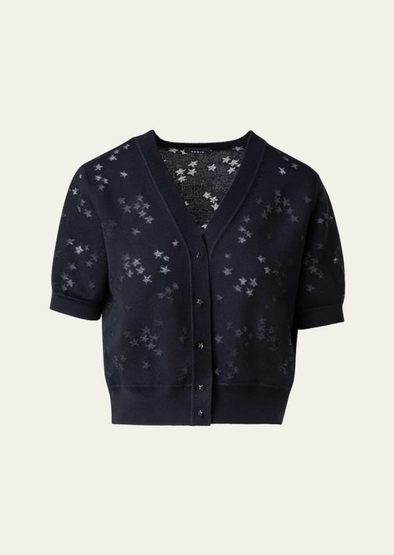 Akris Wool-Silk Blend Knit Short Cardigan with Stars Intarsia Detail
