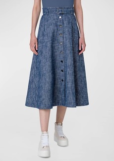 Akris Belted Button-Front A-Line Midi Skirt