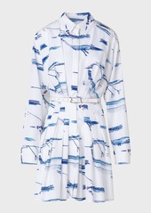 Akris Cotton Poplin Belted Shirtdress in Kasuri Birds Print