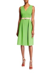 Akris Double-Weave A-Line Leather Belted Dress