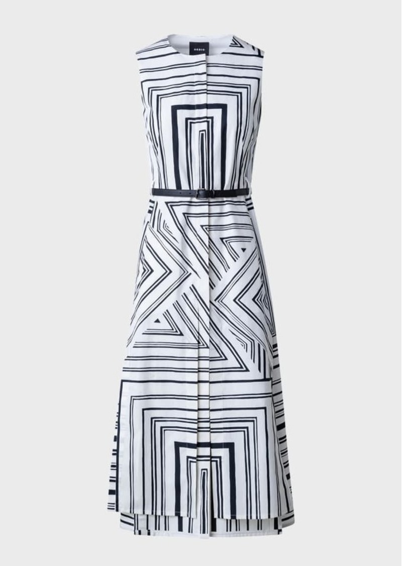 Akris Poplin Lizzi's Lines Printed Midi Dress with Belt 