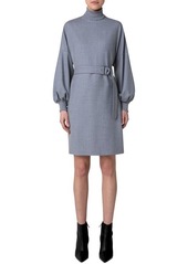 Akris punto Belted Long Sleeve Wool Flannel Dress in Tin at Nordstrom