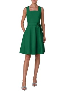 Akris punto Belted Square Neck Cotton Fit & Flare Dress
