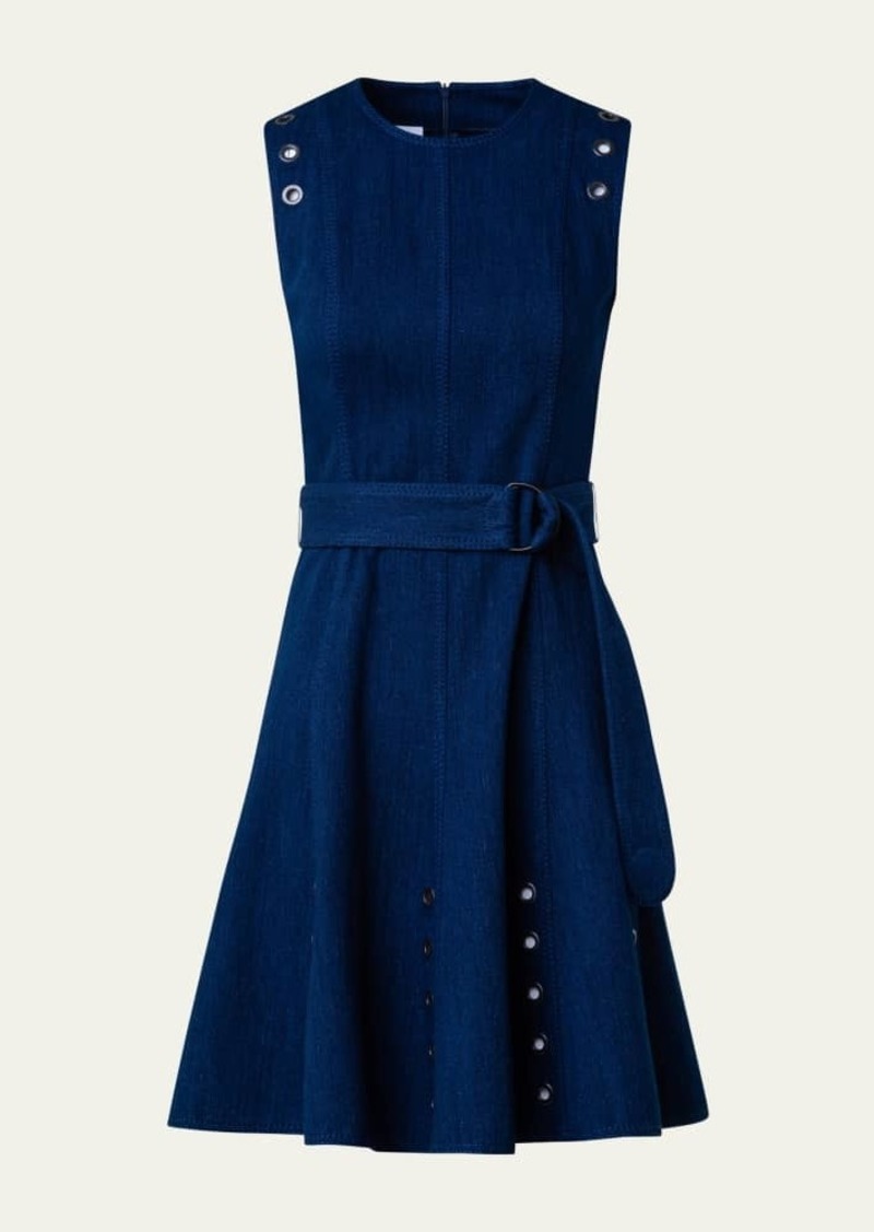 Akris punto Belted Stretch Denim Short Dress with Eyelet Applications