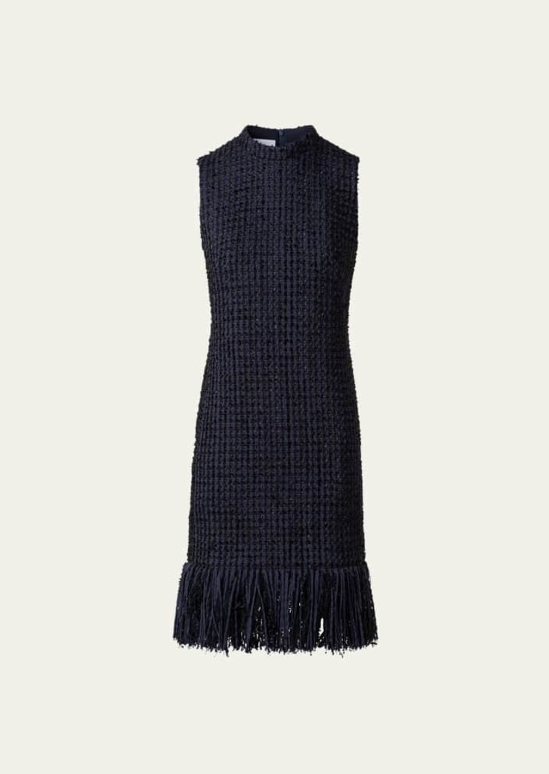 Akris punto Chunky Tweed Sheath Dress with Fringed Hem