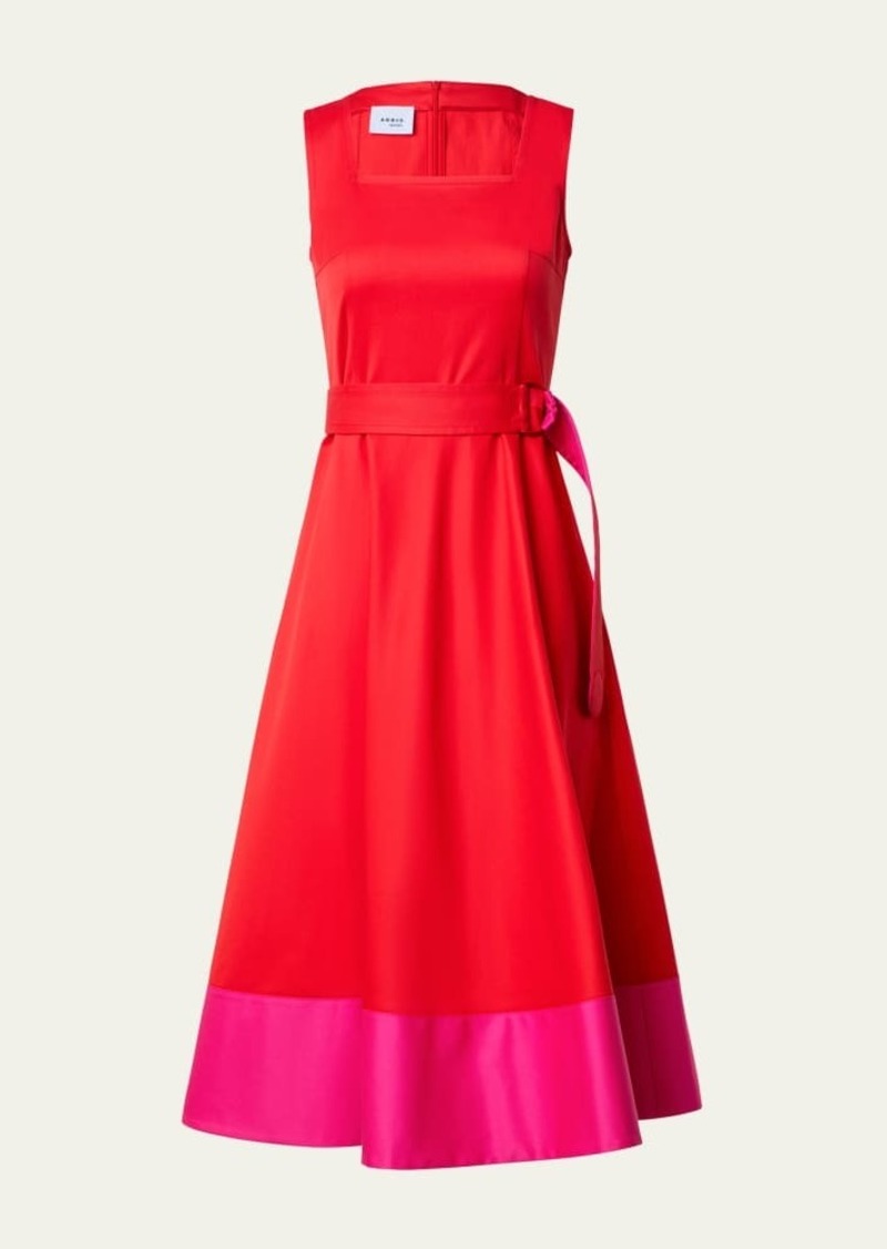 Akris punto Cotton Poplin Colorblock Midi Dress with Belted Waist