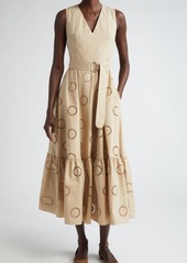 Akris punto Eyelet Embroidered Sleeveless Cotton Tiered Dress